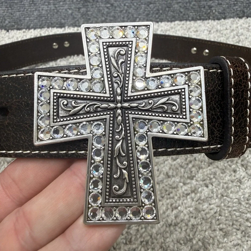 Nacona leather belt‎ w/ cross buckle  men's size 38 western cowboy